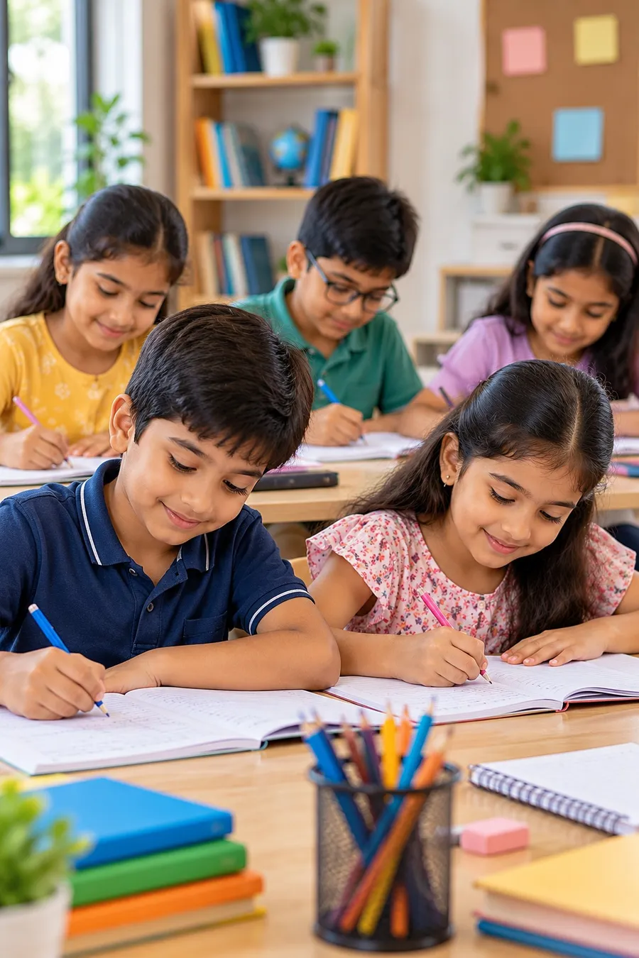 Teenagers and children writing in their notebooks in class