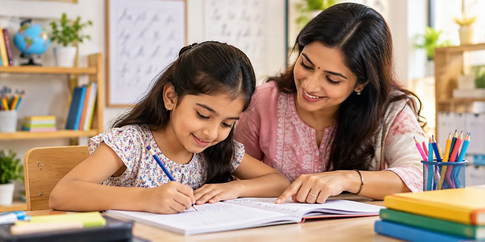 A teacher guiding a young girl as she writes in her notebook