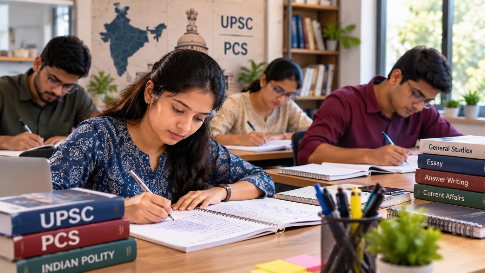 UPSC and PCS aspirants practising answer writing at their desks